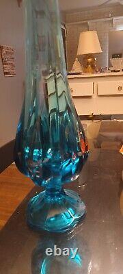 LE Smith Art Glass Peacock Blue 6 Petal Ribbed MCM Pedestal Swung Vase 20 Tall