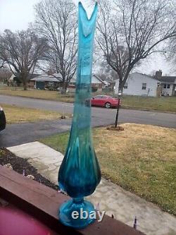 LE Smith Art Glass Peacock Blue 6 Petal Ribbed MCM Pedestal Swung Vase 20 Tall
