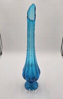 LE Smith Blue Glass 20 T Ribbed Footed Pedestal Swung Vase, One Bubble