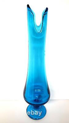 LE Smith Blue Glass Swung Vase Footed 16 Glass Vintage MCM