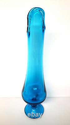 LE Smith Blue Glass Swung Vase Footed 16 Glass Vintage MCM