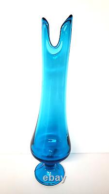 LE Smith Blue Glass Swung Vase Footed 16 Glass Vintage MCM