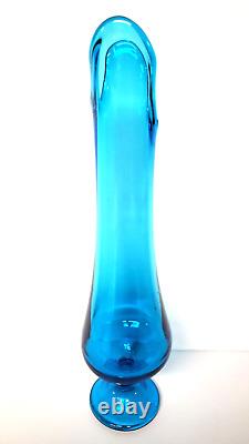 LE Smith Blue Glass Swung Vase Footed 16 Glass Vintage MCM