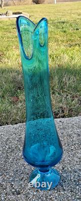 LE Smith Blue Glass Swung Vase Footed 16 Glass Vintage MCM