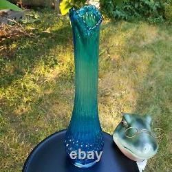 LE Smith Glass Swung Vase Blue Simplicity 18 Thousand Eye Pattern 1960s MCM