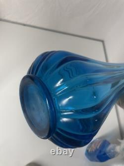 LE Smith Glass Vase Simplicity Swung Peacock Blue Ribbed and Fingered Vase
