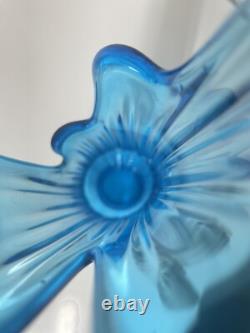 LE Smith Glass Vase Simplicity Swung Peacock Blue Ribbed and Fingered Vase