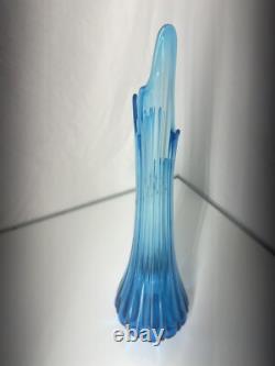 LE Smith Glass Vase Simplicity Swung Peacock Blue Ribbed and Fingered Vase