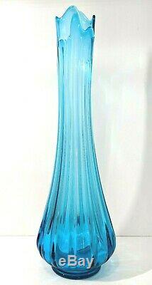 LE Smith Simplicity Art Glass Swung Vase Tall Blue Blunique MCM 22.5 Vintage