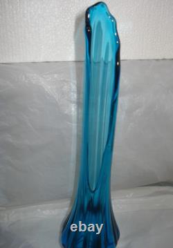LE Smith Swung Vase Peacock Blue Footed Ribbed Glass 16.5 Tall