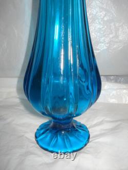 LE Smith Swung Vase Peacock Blue Footed Ribbed Glass 16.5 Tall