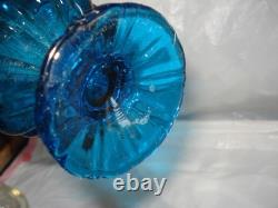 LE Smith Swung Vase Peacock Blue Footed Ribbed Glass 16.5 Tall
