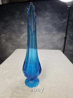 LE Smith Swung Vase Peacock Blue Footed Ribbed Glass 18 Tall