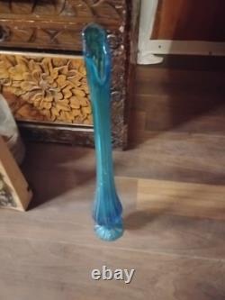 LE Smith Swung Vase Peacock Blue Footed Ribbed Glass 18 Tall