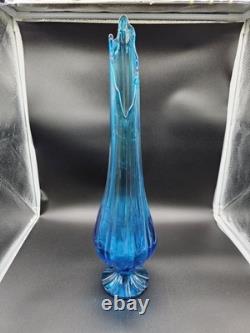 LE Smith Swung Vase Peacock Blue Footed Ribbed Glass 18 Tall