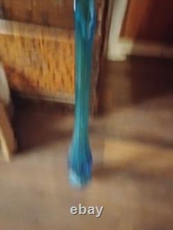 LE Smith Swung Vase Peacock Blue Footed Ribbed Glass 18 Tall