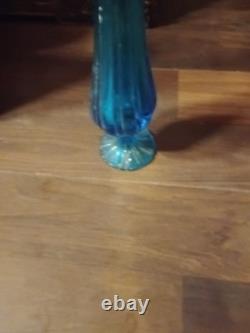 LE Smith Swung Vase Peacock Blue Footed Ribbed Glass 18 Tall