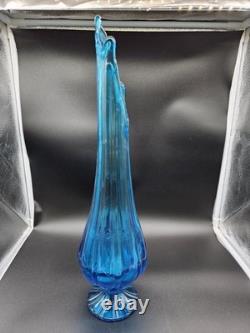 LE Smith Swung Vase Peacock Blue Footed Ribbed Glass 18 Tall