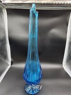 LE Smith Swung Vase Peacock Blue Footed Ribbed Glass 18 Tall
