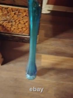 LE Smith Swung Vase Peacock Blue Footed Ribbed Glass 18 Tall