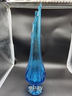 LE Smith Swung Vase Peacock Blue Footed Ribbed Glass 18 Tall