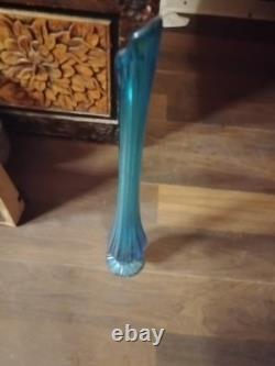 LE Smith Swung Vase Peacock Blue Footed Ribbed Glass 18 Tall