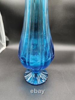 LE Smith Swung Vase Peacock Blue Footed Ribbed Glass 18 Tall