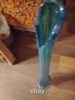 LE Smith Swung Vase Peacock Blue Footed Ribbed Glass 18 Tall