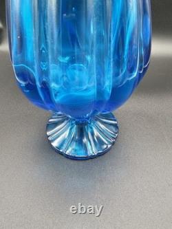 LE Smith Swung Vase Peacock Blue Footed Ribbed Glass 18 Tall