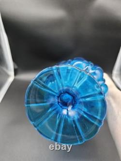 LE Smith Swung Vase Peacock Blue Footed Ribbed Glass 18 Tall