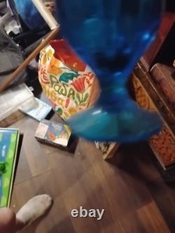 LE Smith Swung Vase Peacock Blue Footed Ribbed Glass 18 Tall