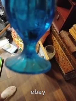LE Smith Swung Vase Peacock Blue Footed Ribbed Glass 18 Tall
