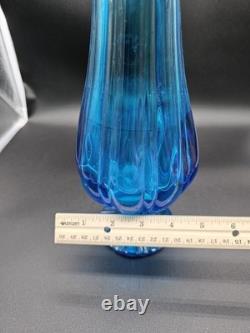 LE Smith Swung Vase Peacock Blue Footed Ribbed Glass 18 Tall