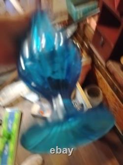 LE Smith Swung Vase Peacock Blue Footed Ribbed Glass 18 Tall
