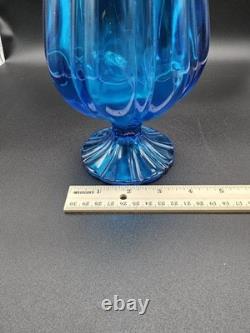 LE Smith Swung Vase Peacock Blue Footed Ribbed Glass 18 Tall