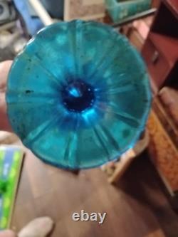 LE Smith Swung Vase Peacock Blue Footed Ribbed Glass 18 Tall