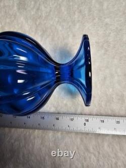 LE Smith Swung Vase Peacock Blue Footed Ribbed Glass 18 Tall
