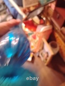 LE Smith Swung Vase Peacock Blue Footed Ribbed Glass 18 Tall