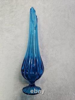 LE Smith Swung Vase Peacock Blue Footed Ribbed Glass 18 Tall