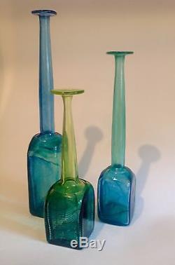 LEIF VANGE 3X ART GLASS AQUA BLUE BOTTLES VASES SCANDINAVIAN TALLEST 33cm