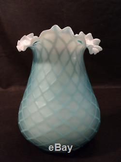 LOVELY BLUE MOP DIAMOND QUILTED SATIN GLASS VASE c1880