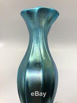 LUNDBERG BLUE LUSTER TRUMPET VASE 14 1/2 Inches Huge Opalescent Glass 1983