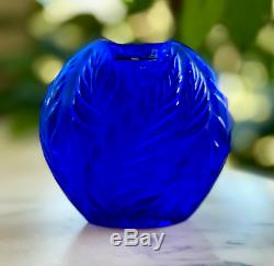 Lalique Filicaria Pillow Vase in Klein Blue French Crystal Mint Condition + Box