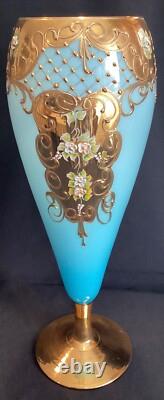 Large 15 Tall Vintage Venetian Blue Opaline Glass Vase Gold Encrusted & Floral