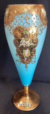 Large 15 Tall Vintage Venetian Blue Opaline Glass Vase Gold Encrusted & Floral