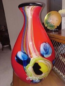 Large 18in Contemporary Heavy Handblown Art Glass Vase Red Blue Yellow Black