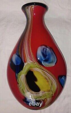 Large 18in Contemporary Heavy Handblown Art Glass Vase Red Blue Yellow Black