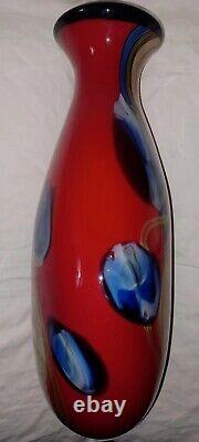 Large 18in Contemporary Heavy Handblown Art Glass Vase Red Blue Yellow Black