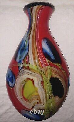 Large 18in Contemporary Heavy Handblown Art Glass Vase Red Blue Yellow Black