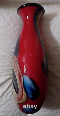 Large 18in Contemporary Heavy Handblown Art Glass Vase Red Blue Yellow Black